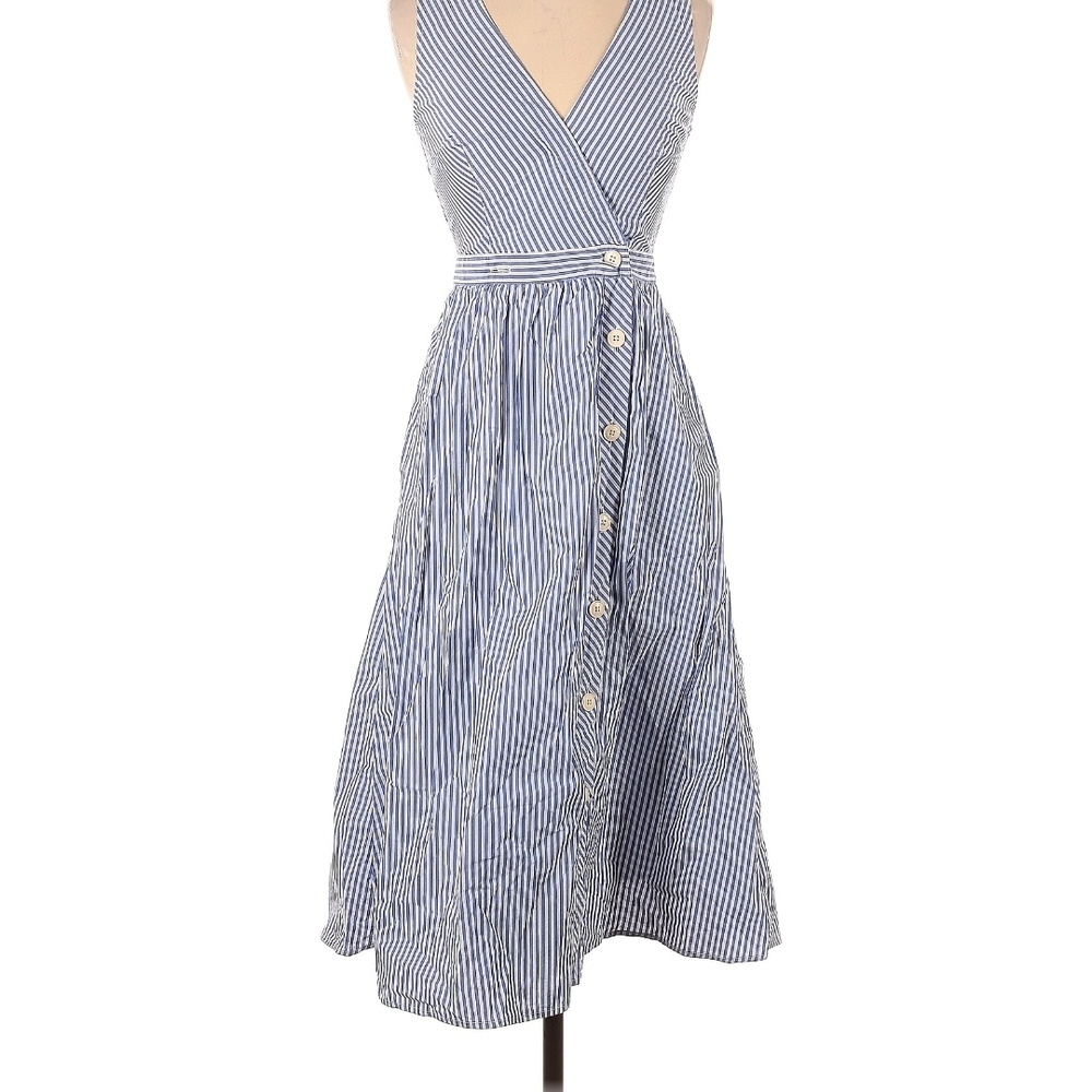 J. Crew Blue and White Striped Wrap Midi Dress